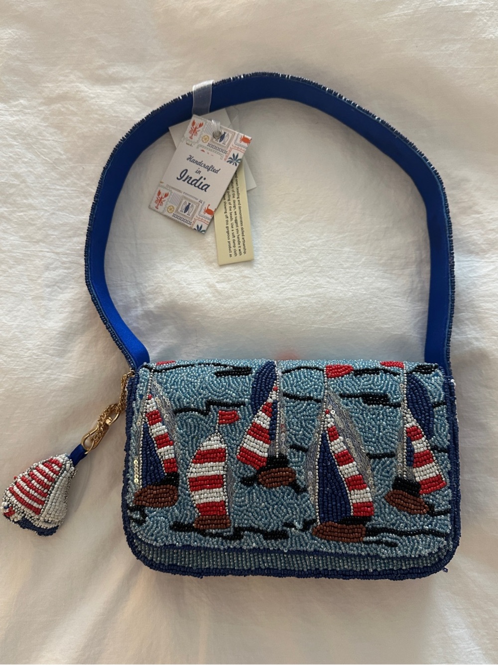 Handcrafted Beaded Sailboat Crossbody Bag - Blue